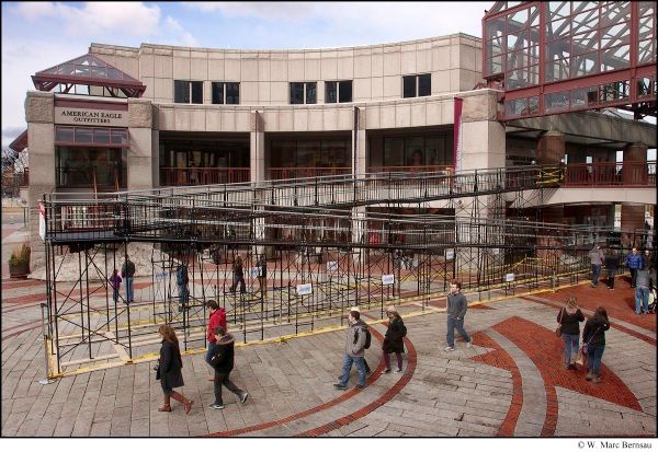 Amramp Commercial Ramp Rental at Faneuil Hall Market Place allows temporary access to second floor during elevator repairs.