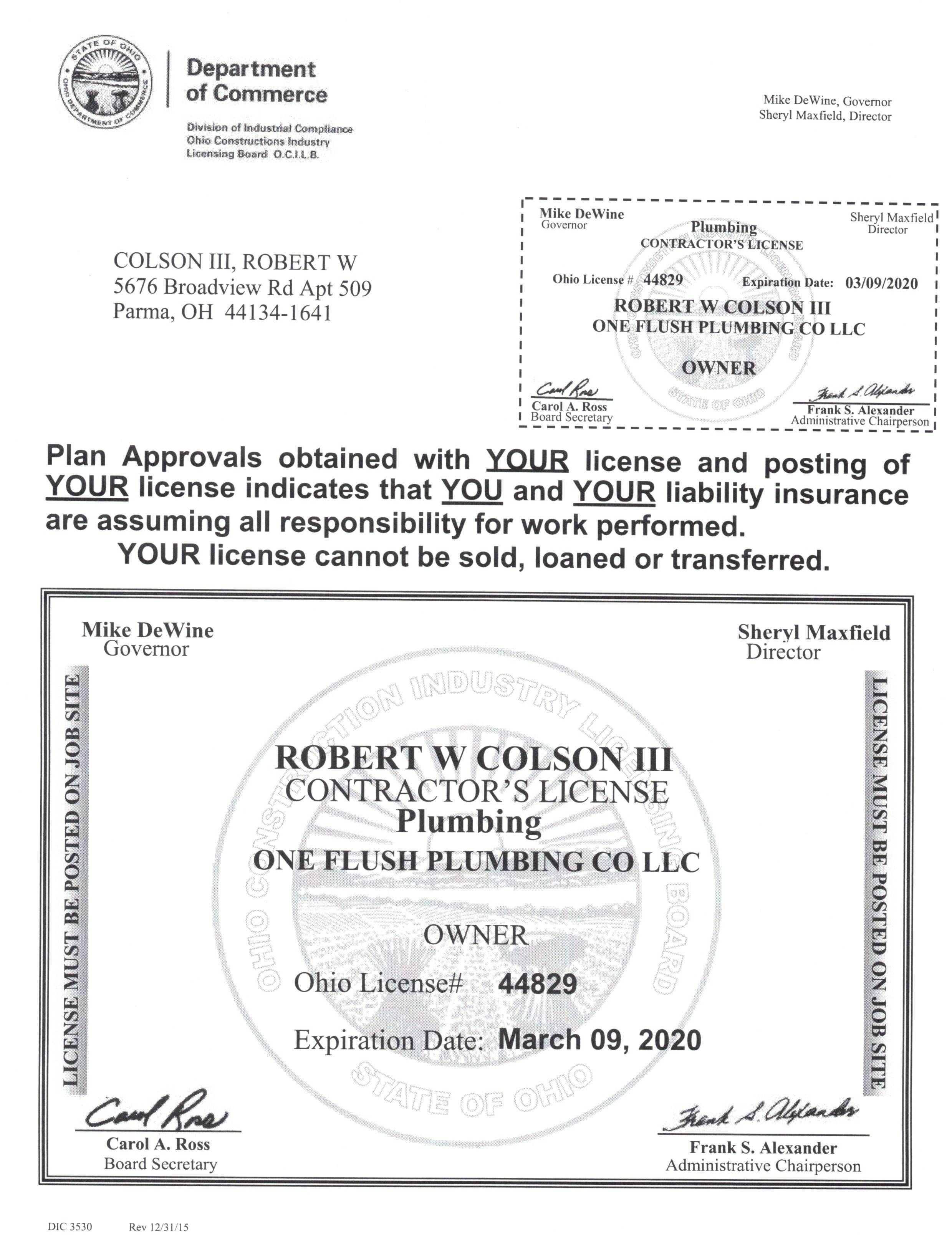 One Flush Plumbing LLC Licenses, Insurance, Bonding, & Certifications