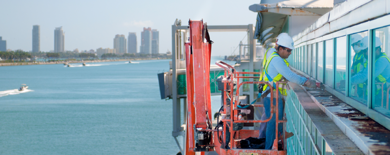 Seaport Department &ndash; Port of Miami Cruise Terminal F & G Existing Curtain Wall Waterproofing Application