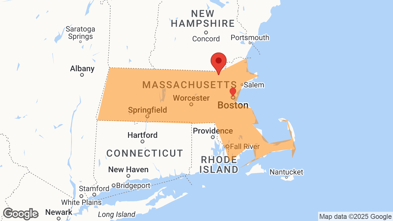 Service Area and Locations Map for redbox+ Dumpsters of Massachusetts